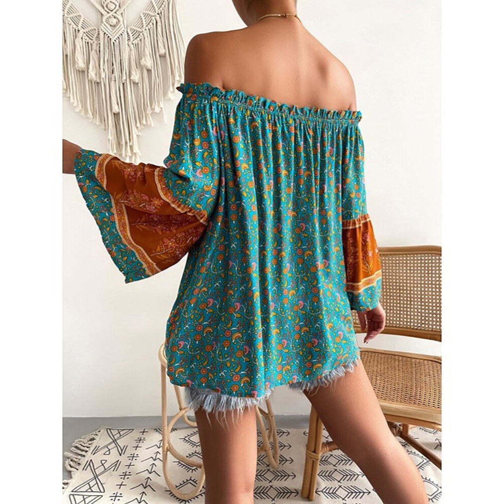 🍂 BOHO BLUE ORANGE FLORAL OFF SHOULDER LOOSE FIT TASSEL DETAIL TOP! - Picture 2 of 7